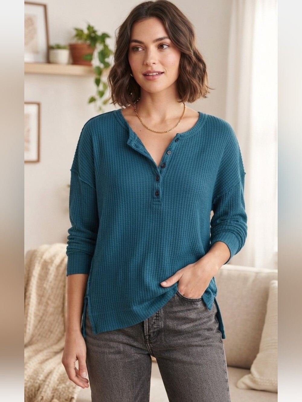 Caslon Women's Size Small Waffle Knit Long Sleeve Top